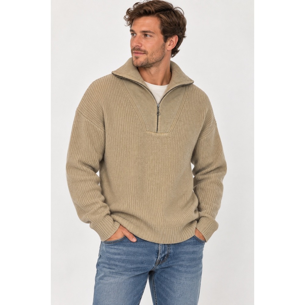 Todd Snyder Mens Merino Wool Half Zip Sweater Tan Khaki Ribbed Knit Large